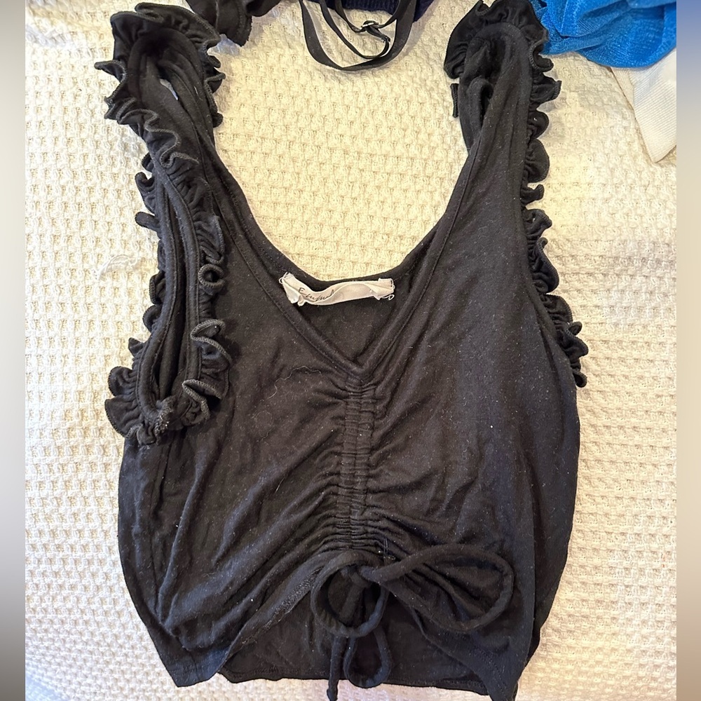 Black Cinched and Ruffle Strap Tank Top
